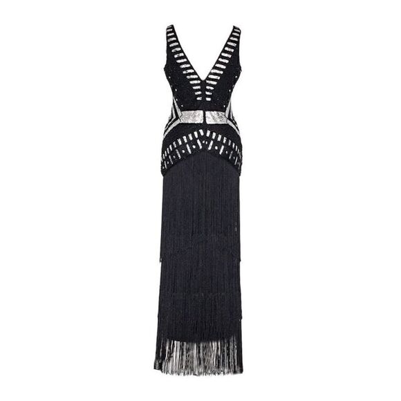 ✨🖤 Flapper Great Gatsby 1920s Retro Tassel Fringe Sequin Black Dress SIZE M NWT - Picture 8 of 17